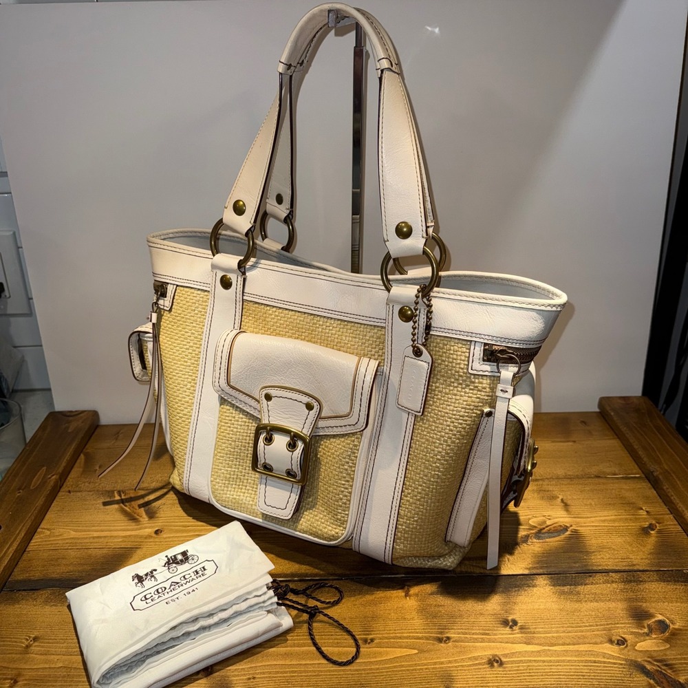 Vintage Coach Legacy Large Straw Tote 114 White Leather Buckle Shoulder Bag Y2K